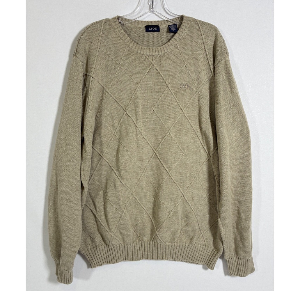 IZOD Mens XL Tan Beige Diamond Lattice Cotton Crew Neck Pullover Sweater